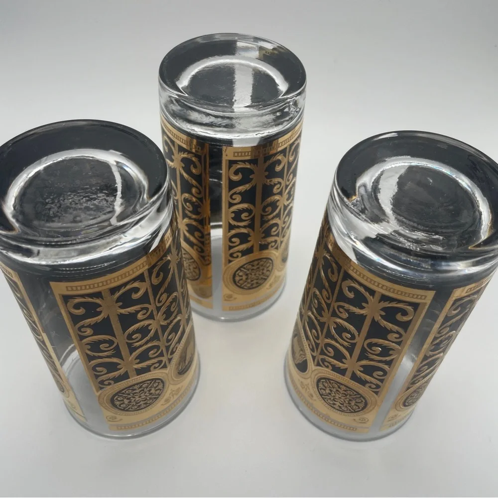 Set of 3 Libbey Prudential Rock of Gibraltar Black Gold MCM Highball Glasses VTG